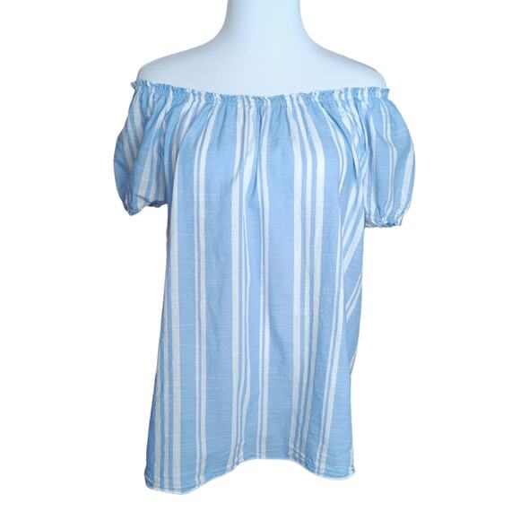 VINTAGE Y2K 2000s Blouse Top Size XL Flowy On or Off Shoulder Blue White Stripes - Picture 2 of 9